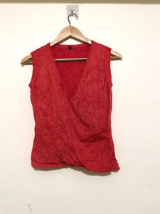 Chic Red Sleeveless Wrap Top(A)