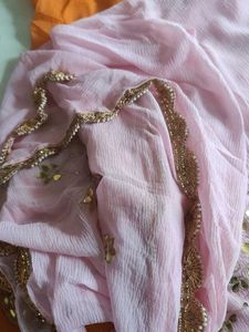 Baby Pink Chiffon Duppata Hand Work All Over