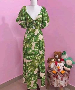 Tropical  Leaf Print Maxi Dress