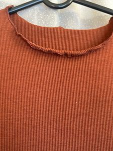 Ribbed Brown Frill Hem Top