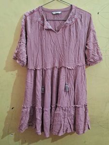 Mauve Embroidered Tassel Mini Dress