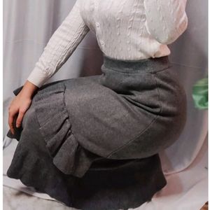 Grey Woolen A-line Skirt with Ruffles in front