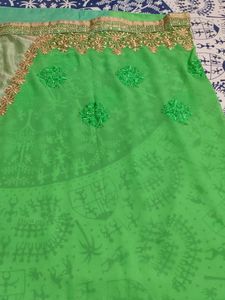 Pista Green Colour Embroidery Work Saree