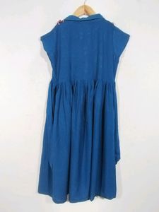 Teal Blue Printed Collar Neck Dress (Girls)