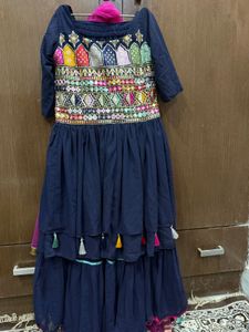 Navy Blue Frill Sharara Suit Set