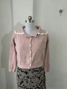 Pink Cardigan with Lace Collar