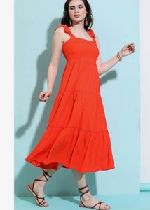 Red Shoulder Strap Gathered Fit & Flare Dress