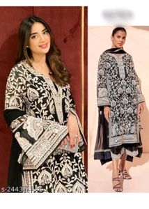 Ganderi Women&#39;s Georgette Chain Work Embroidered Kurta And Palazzo With Dupatta Set
