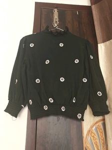 Green Floral Embroidered Smocked Blouse