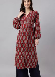 Janasya Red Printed Kurta