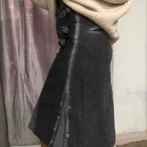 Distressed Denim Skirt with Buckles