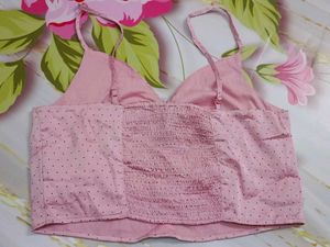 (514)Pink Polka Dot Tie-Front Crop Top