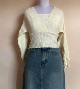 White Knit Wrap Top