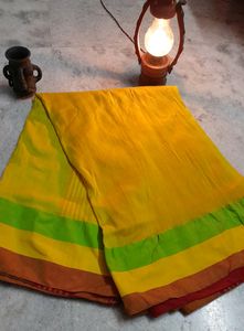 Combo Pack Of 2 Sarees!!!! Beautiful Aristocrat Yellow CombinationSaree With A Broad Red And Green Border Saree