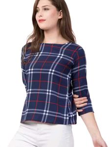 Blue Plaid 3/4 Sleeve Top