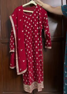 Zardozi Embroidered Pure Silk Red Suit, Churidhar