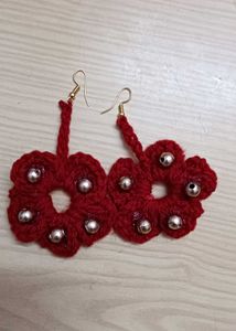 Red Crochet Flower Earrings