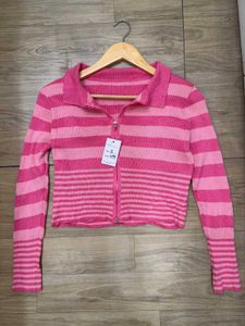 Pink Striped Zip-Up Cardigan
