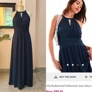 Navy Blue  Elegant Halterneck Maxi Dress