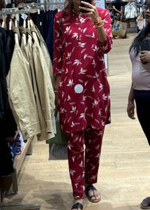 Red Leaf Print Co-ord Set - Tunic & Pants