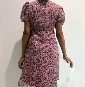 Floral printed pink button up frock