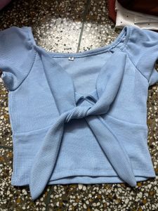 Cute Light Blue Tie Front Top