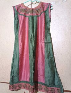 Peach-Olive Colour Silk Boat Neck Kurti