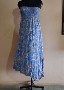 Floral Blue Strapless Dress