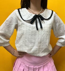 White Black Strip Korean Bow Top
