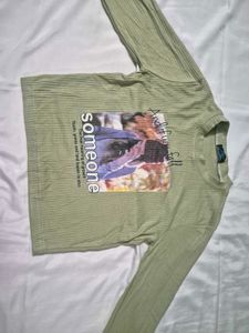 Olive Green Ribbed Graphic Full-Sleeve T-Shirt