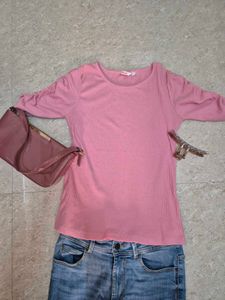 Pink Ribbed Fitted Ruched Sleeve Top