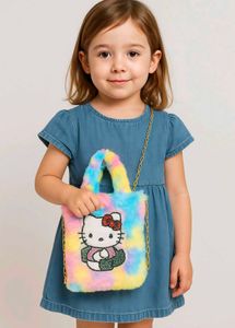 Kids Furry Rainbow Handbag With Long Metal Chain