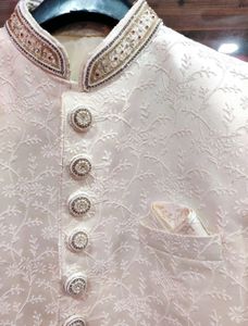 Mens White Sherwani With Red Velvet Dhoti