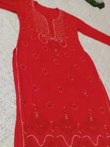 Red  Chikenkari Embroidered Kurta With Free Saree