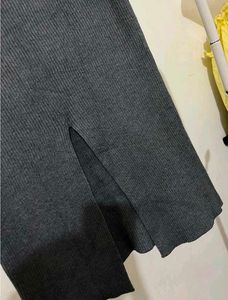Grey Ribbed Knit Midi Skirt with slit