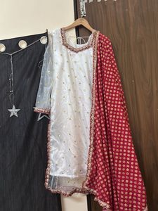 Elegant White & Red Kurta Set