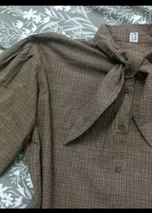 Vintage Brown Tie-Neck Blouse