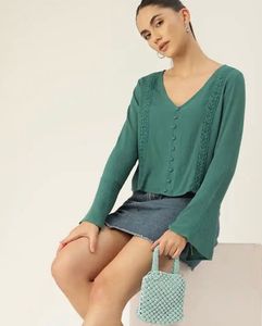 Green self design lace inserts flared sleeve