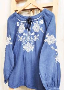 Blue Embroidered Peasant Blouse Size-44