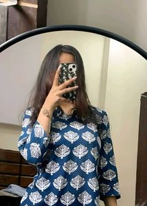 Blue & White Printed Short Kurta