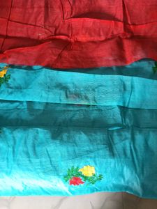 Blue With Red Floral Design ChanderiCotton Saree