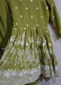 Olive Green Embroided Kurti With Garara &amp; Dupatta
