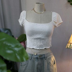 H&M White Shirred Crop Top