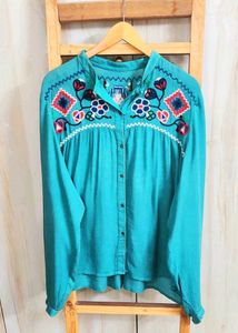 Embroidered Sea Green Cotton Top size-48