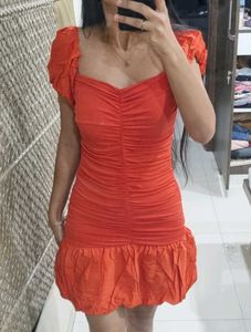 Ruched Orangish Red Mini Dress