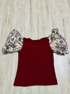 Maroon Patterned Sleeve Formal Top
