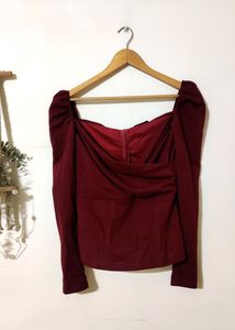 Shein Wine Red Deep Neck Full Sleeve Top