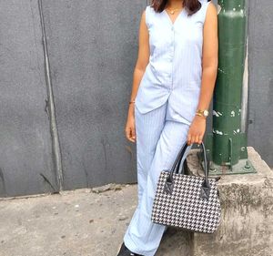 Light Blue Striped Sleeveless Suit Set