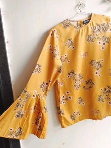 Mustard Floral Printed Top With Bell Sleeves