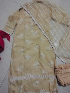 Cotton Liner Lace Work Set With Organza Dupatta
